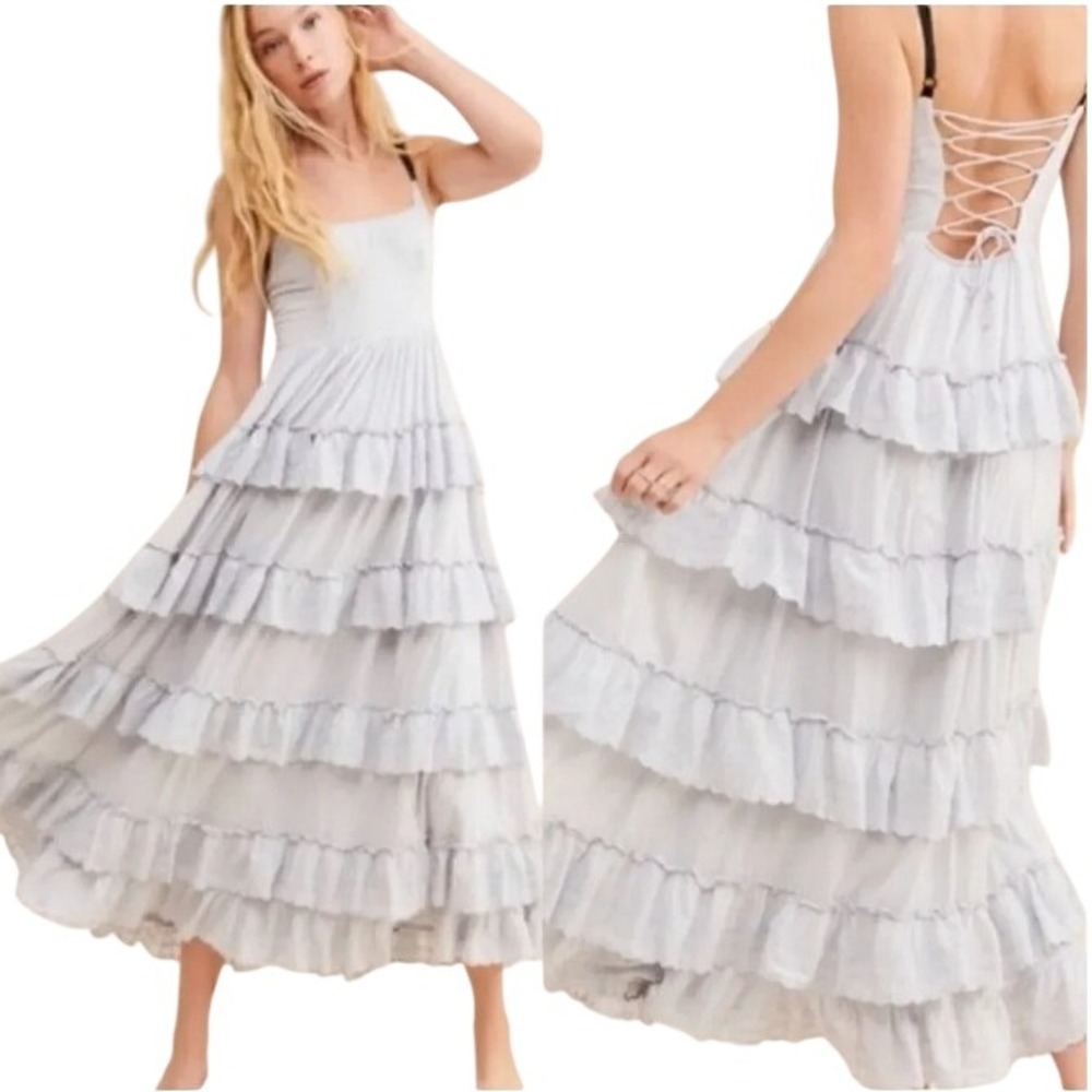 URBAN OUTFITTERS NWT Women's Small Sky Blue Annabelle Tiered Ruffle Maxi Dress
